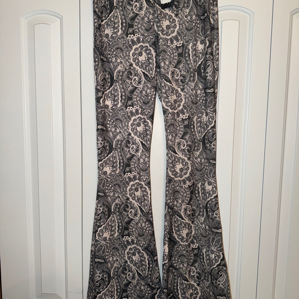 Nasty Gal Black and Gray Paisley Flare Pants